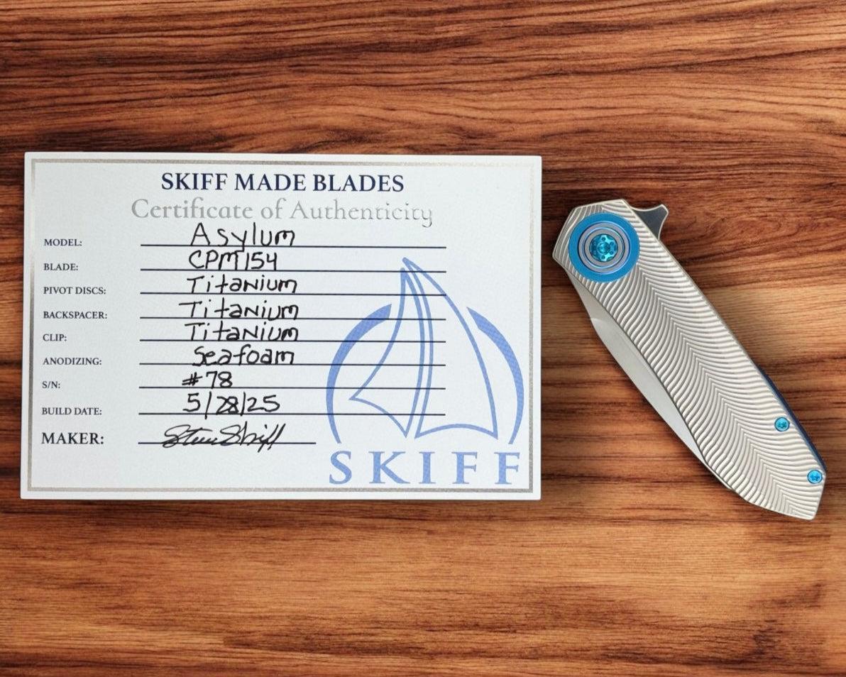 Skiff Workshop-Skiff Made Blades Asylum, Hand Rubbed Satin CPM154 Blade, Milled Titanium Scales, Seafoam Pivot Collar, Pocketclip, and Hardware, #78-Urban Cutlery