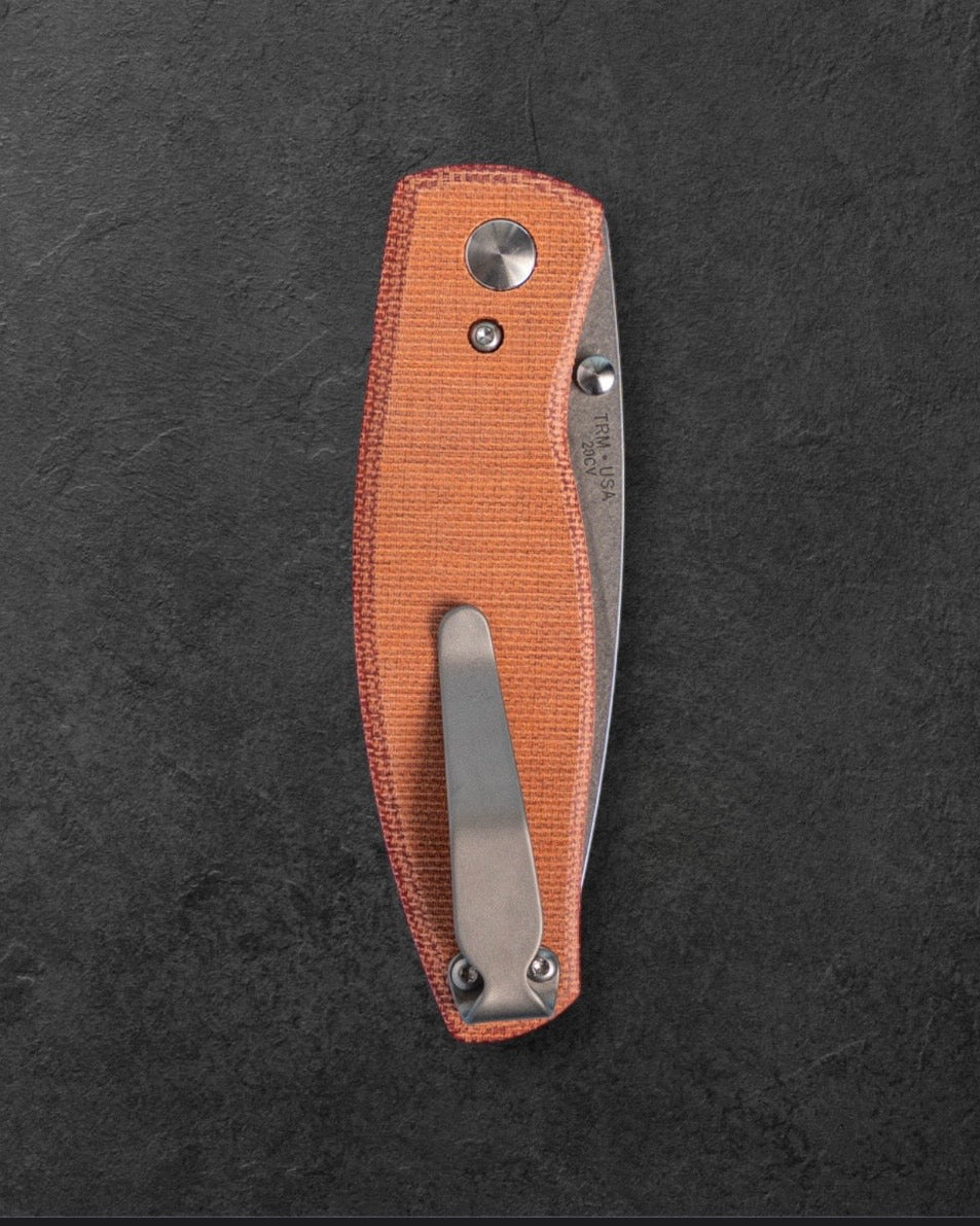 Three Rivers Mfg.-Three Rivers Mfg. (TRM) Neutron 2 - AUTUMN ORANGE MICARTA Flat Handles - 20CV Blade-4-Urban Cutlery