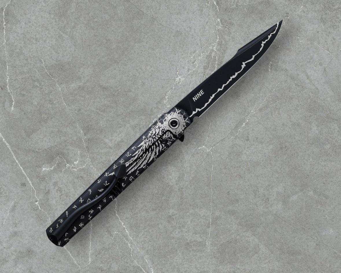Zieba Knives-Zieba NINE BLACK ANGEL Harpoon - Black Ti Handle w/ "Black Angel" Theme - Magnacut Harpoon Blade - Brass Skulls Spacer - Ti Devil Tail Clip #4794-Urban Cutlery