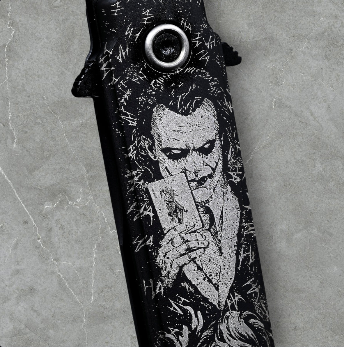 Zieba Knives-Zieba NINE Joker Dagger - Black Ti Handle w/ "Joker" Theme - Magnacut Dagger Blade - Brass Skulls Spacer - Ti Devil Tail Clip #4796-Urban Cutlery