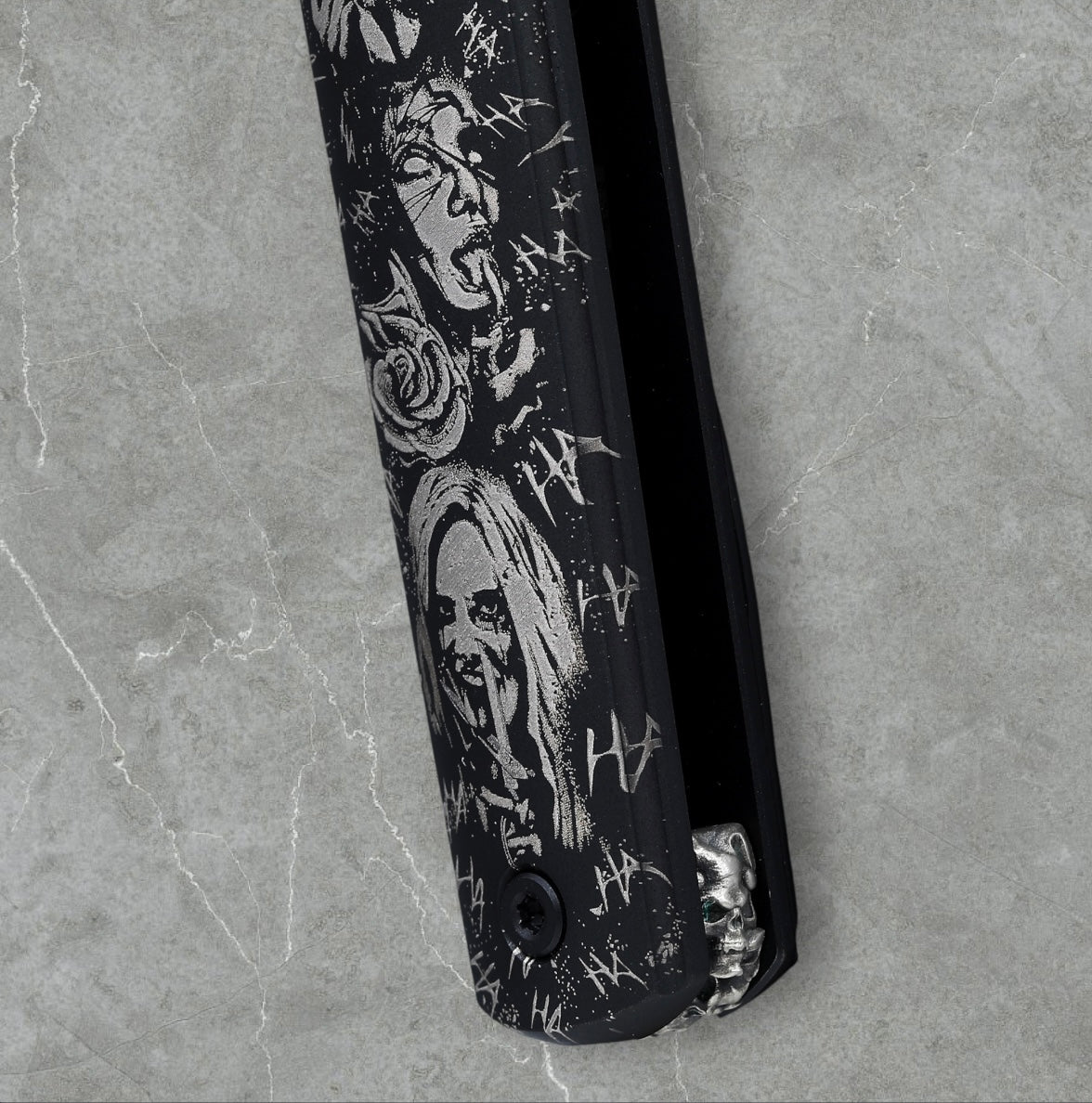 Zieba Knives-Zieba NINE Joker Dagger - Black Ti Handle w/ "Joker" Theme - Magnacut Dagger Blade - Brass Skulls Spacer - Ti Devil Tail Clip #4796-Urban Cutlery