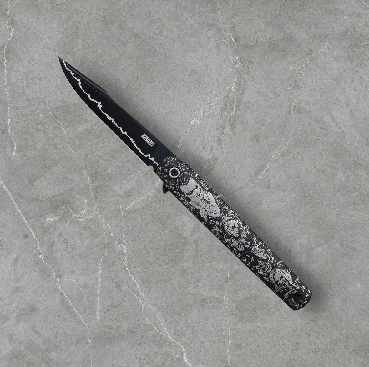Zieba Knives-Zieba NINE Joker Harpoon - Black Ti Handle w/ "Joker" Theme - Magnacut Harpoon Blade - Brass Skulls Spacer - Ti Devil Tail Clip #4795-Urban Cutlery