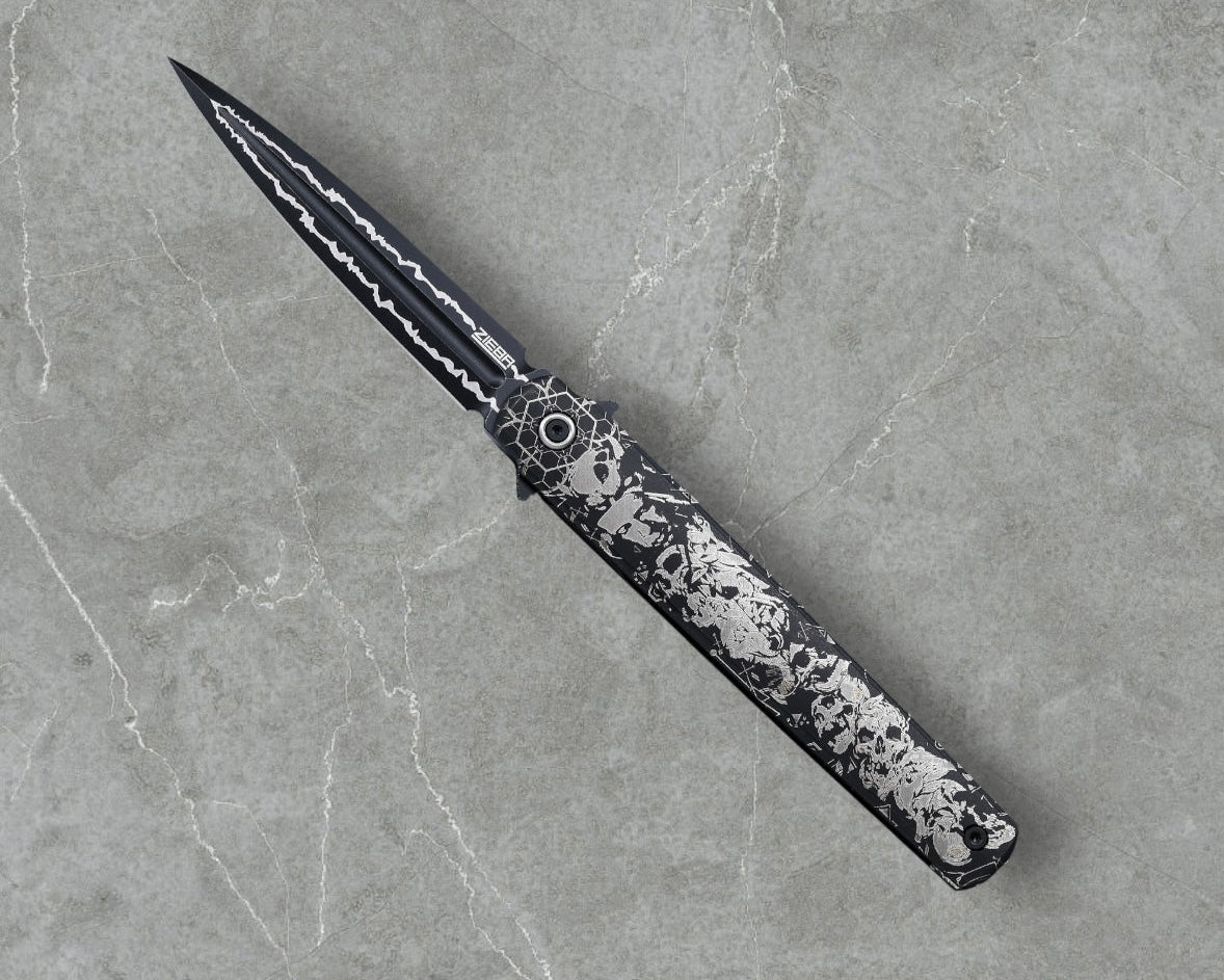 Zieba Knives-Zieba NINE WOLF Dagger - Black Ti Handle w/ "Wolf" Characters - Magnacut Dagger Blade - Brass Skulls Spacer - Ti Devil Tail Clip #4792-Urban Cutlery