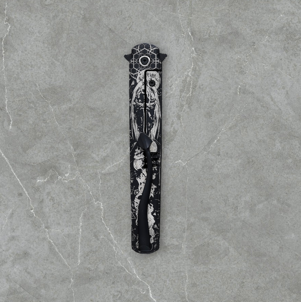 Zieba Knives-Zieba NINE WOLF Dagger - Black Ti Handle w/ "Wolf" Characters - Magnacut Dagger Blade - Brass Skulls Spacer - Ti Devil Tail Clip #4792-Urban Cutlery