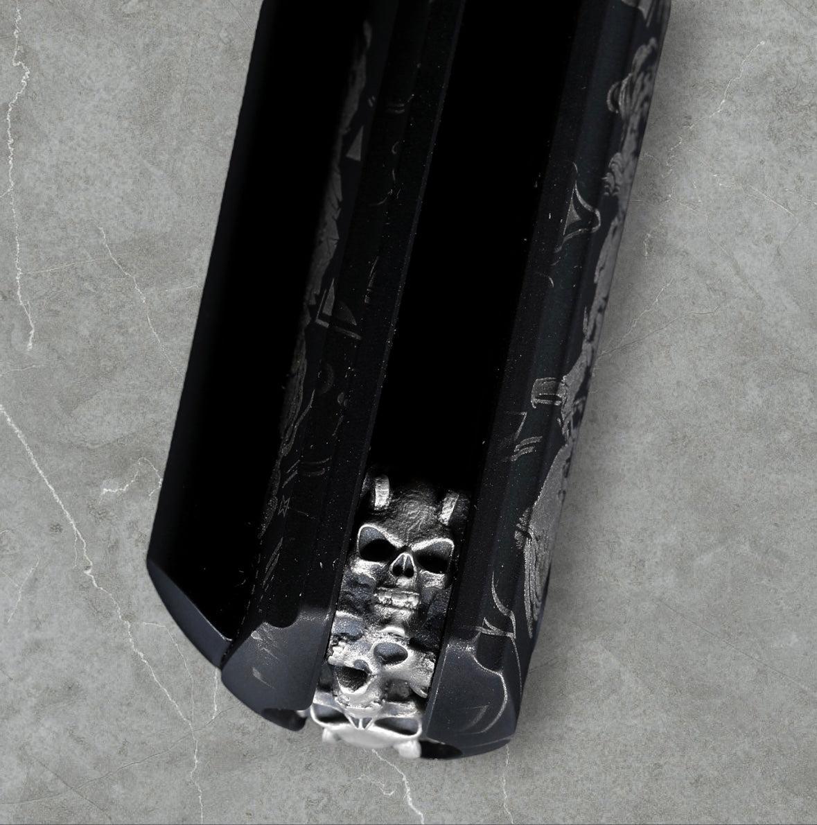 Zieba Knives-Zieba NINE WOLF Dagger - Black Ti Handle w/ "Wolf" Characters - Magnacut Dagger Blade - Brass Skulls Spacer - Ti Devil Tail Clip #4792-Urban Cutlery