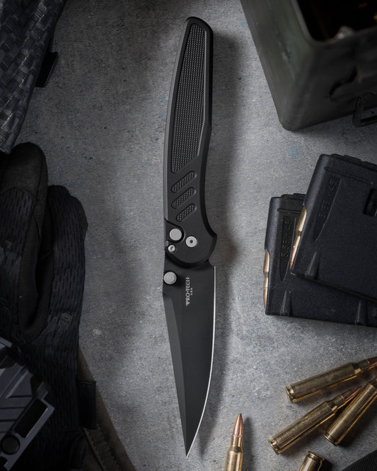 Pro-Tech x Peace Neighbor Avalon PN1103  - Knurled Black Aluminum Handle - DLC Black Magnacut Blade - Blasted Thumb Studs and Hardware - Black Long Deep Carry Clip