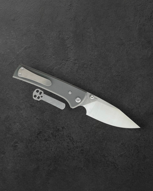 Chaves Knives-Chaves Knives Exclusive Blue Label Scapegoat 229 - Charcoal Grey Handles - Belt Satin Elmax Spearpoint Blade-1-Urban Cutlery