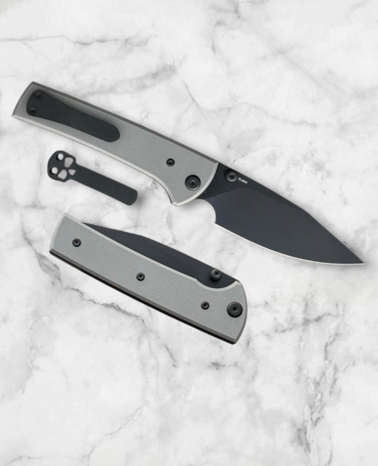 Chaves Knives-Chaves Knives Exclusive Blue Label Scapegoat 229 - Charcoal Grey Handles - Blackout Elmax Spearpoint Blade-1-Urban Cutlery