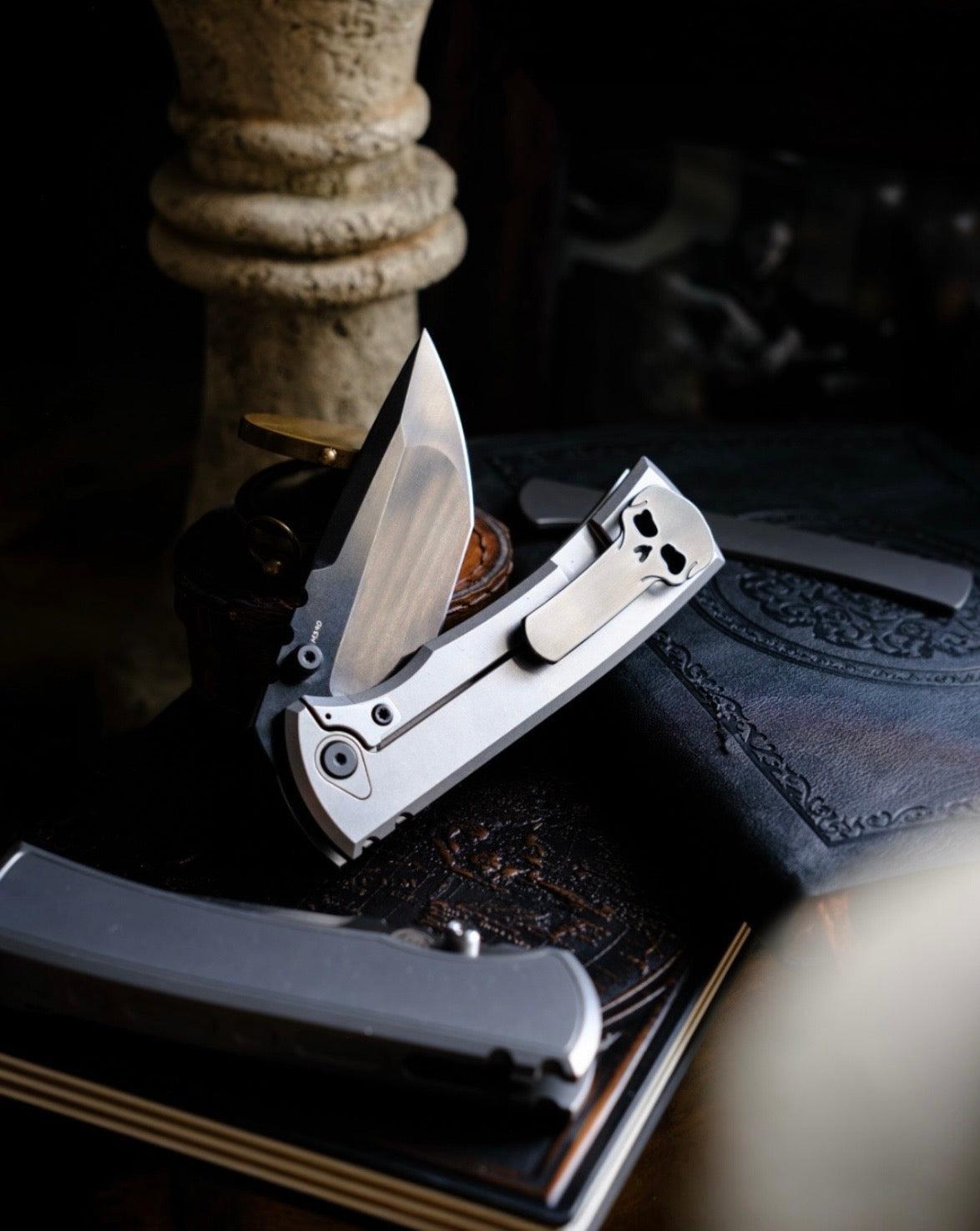 Chaves Knives-Chaves Knives Magnetic Inlay Integral Redencion 229 Frame Lock - Bright Stonewash Titanium Handles w/ Magnetic Inlay - DLC Black M390 Tanto Blade-5-Urban Cutlery