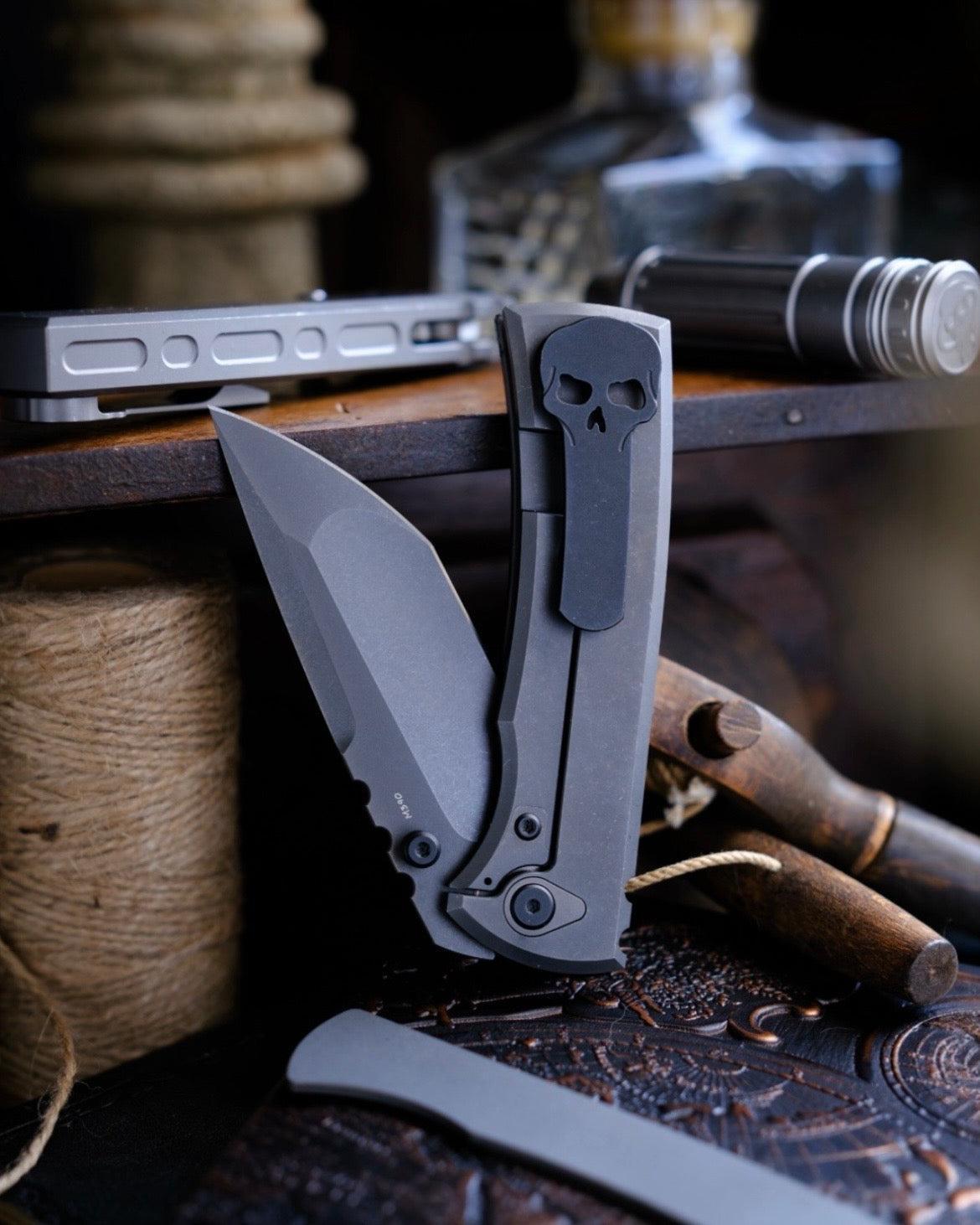 Chaves Knives-Chaves Knives Magnetic Inlay Integral Redencion 229 Frame Lock - Grey PVD Titanium Handles w/ Magnetic Inlay - Grey PVD M390 Tanto Blade-4-Urban Cutlery