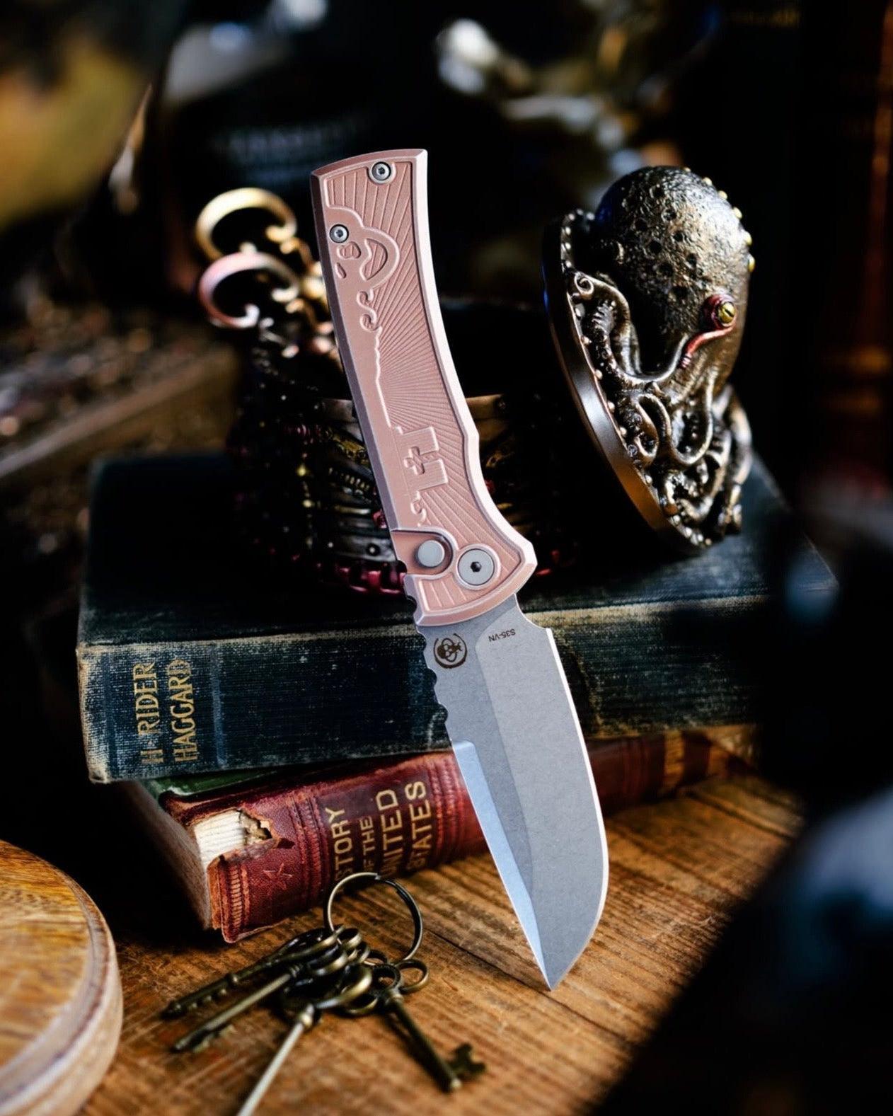 Chaves Knives-Chaves x Pro-Tech 229 Redencion Auto - Battle Worn FDE Key Milled Handles - Battle Worn Drop Point S35vn Blade-1-Urban Cutlery