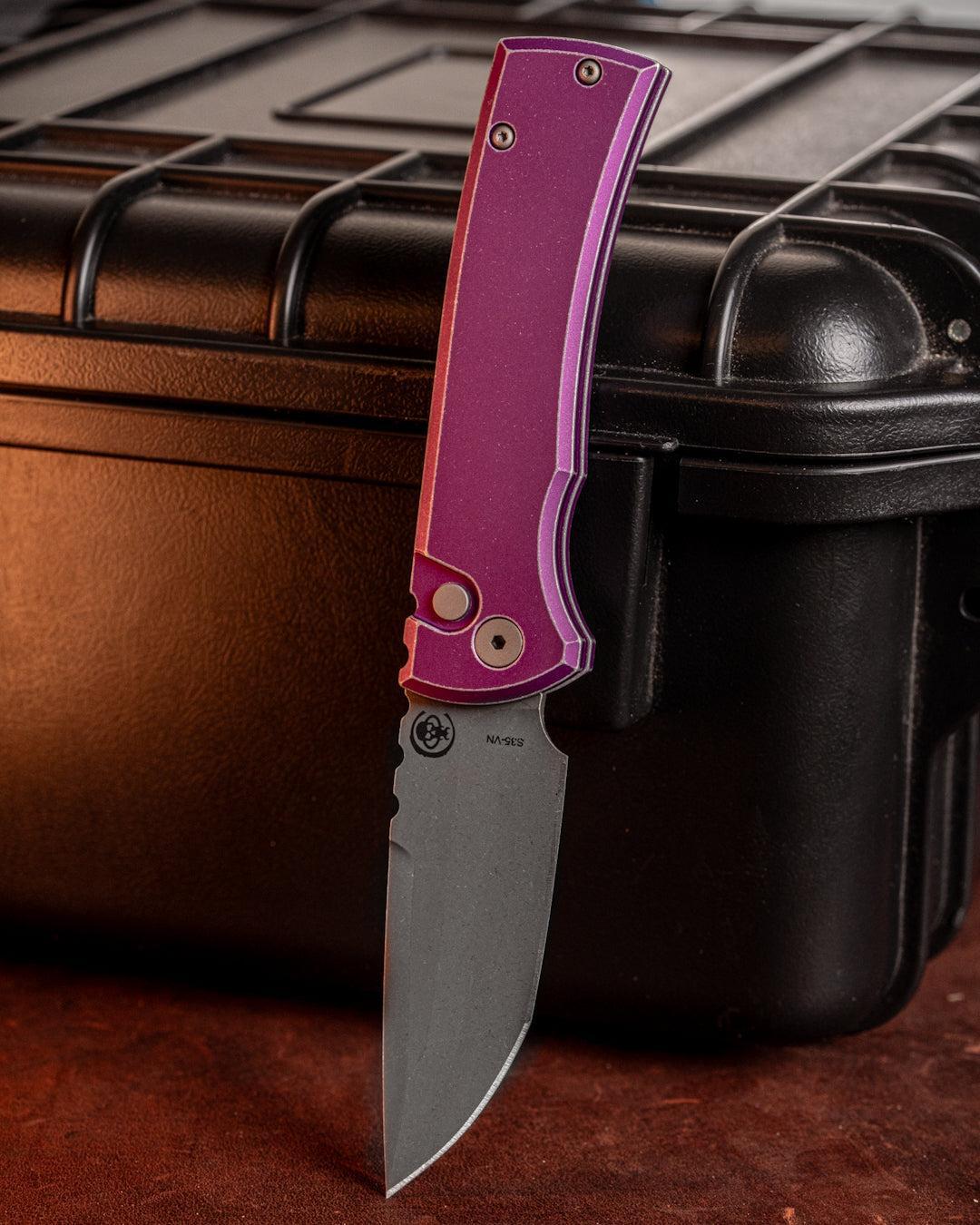 Chaves Knives-Chaves x Pro-Tech 229 Redencion Auto - Battle Worn Purple Handles - Battle Worn Stonewash Tanto S35vn Blade-1-Urban Cutlery