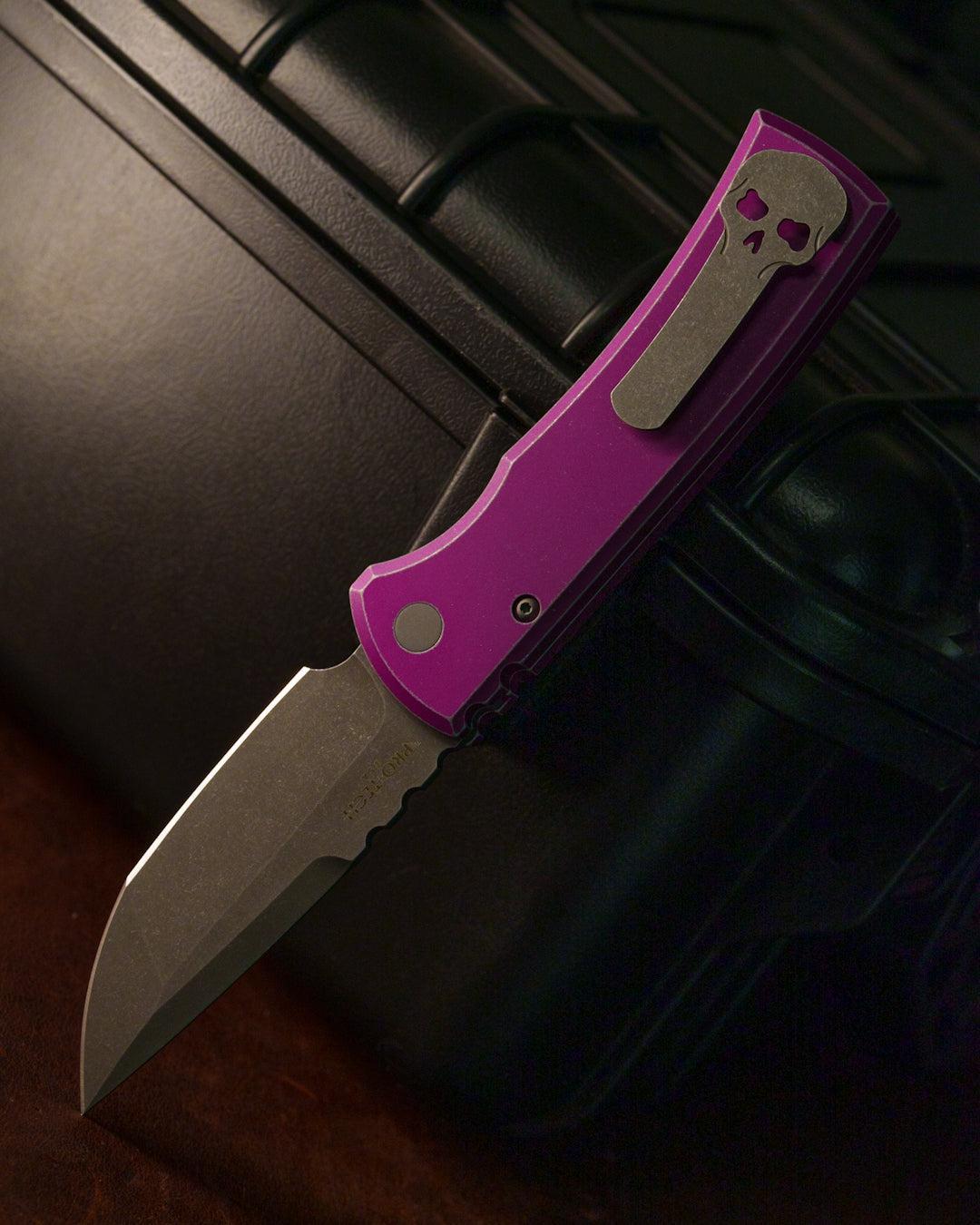 Chaves Knives-Chaves x Pro-Tech 229 Redencion Auto - Battle Worn Purple Handles - Battle Worn Stonewash Tanto S35vn Blade-2-Urban Cutlery