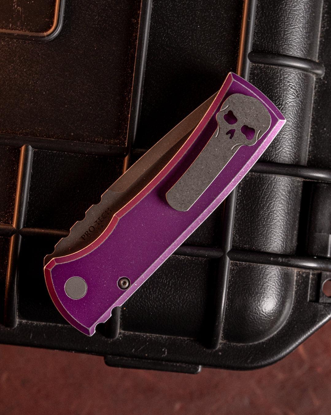 Chaves Knives-Chaves x Pro-Tech 229 Redencion Auto - Battle Worn Purple Handles - Battle Worn Stonewash Tanto S35vn Blade-3-Urban Cutlery