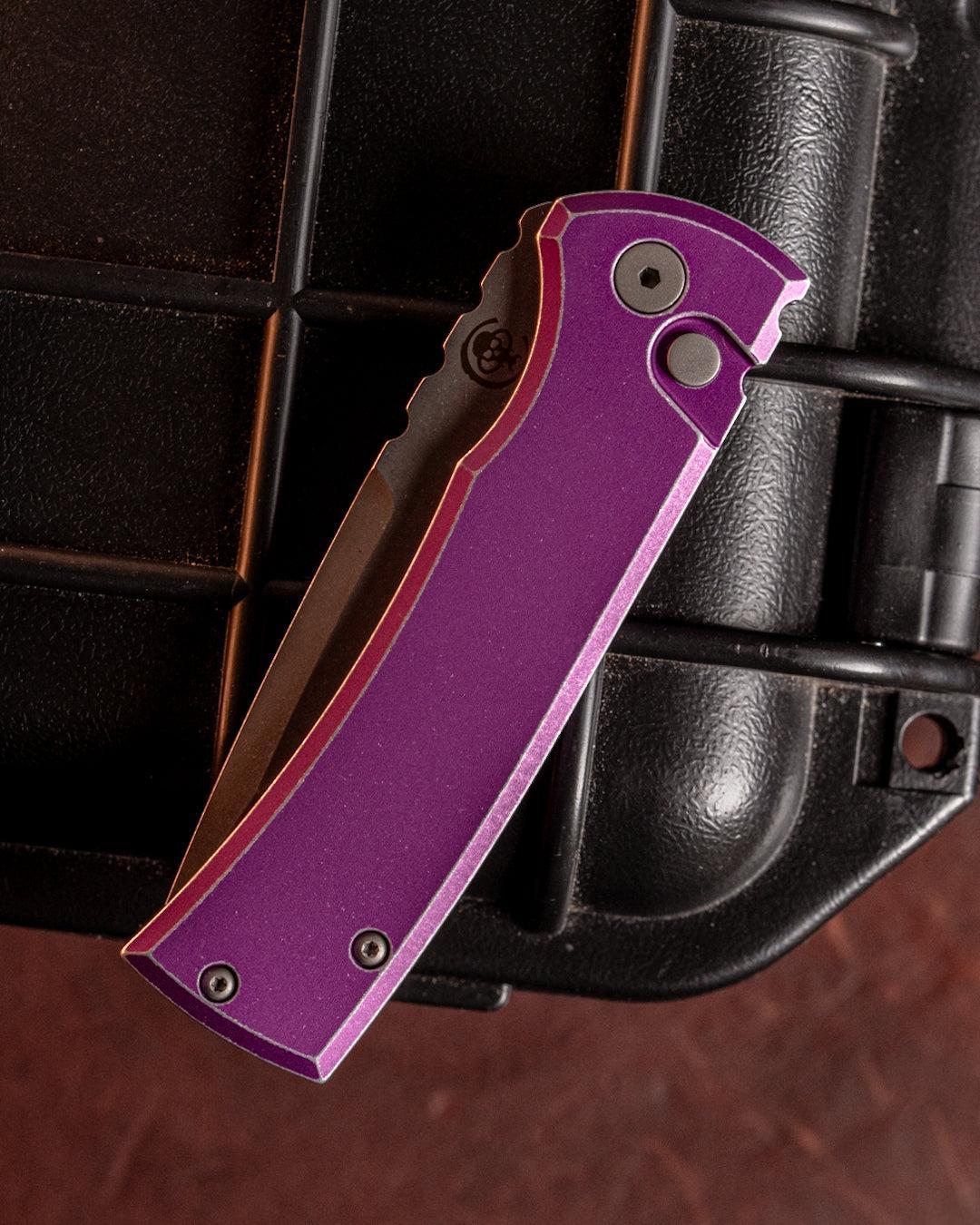 Chaves Knives-Chaves x Pro-Tech 229 Redencion Auto - Battle Worn Purple Handles - Battle Worn Stonewash Tanto S35vn Blade-4-Urban Cutlery
