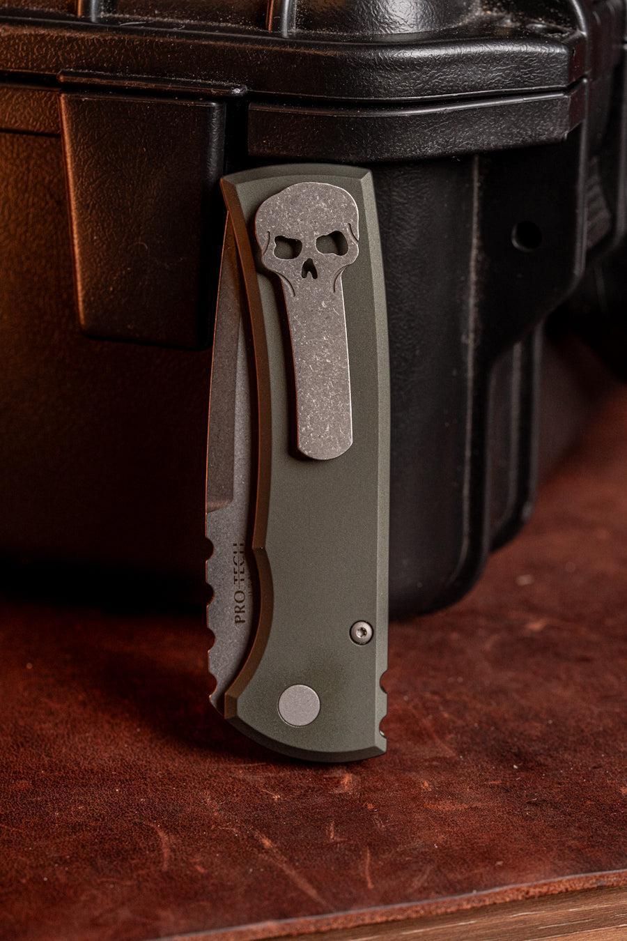 Chaves Knives-Chaves x Pro-Tech 229 Redencion Auto - Green Handles - Stonewash Drop Point S35vn Blade-3-Urban Cutlery