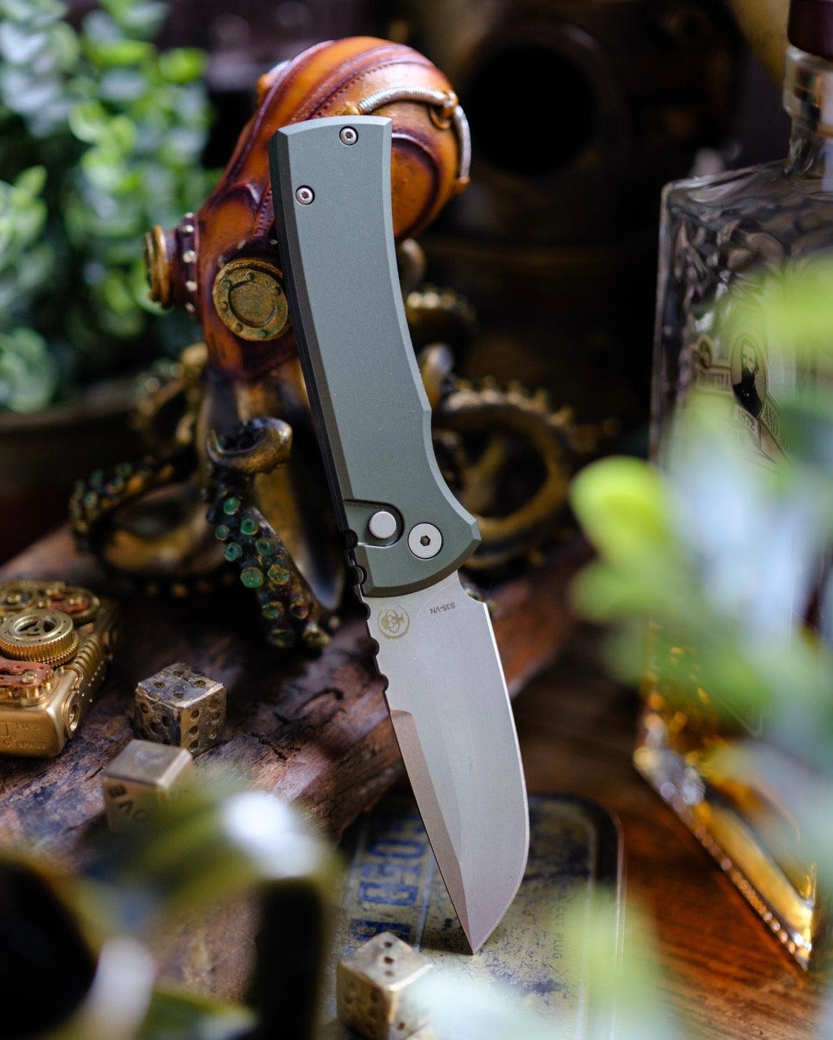 Chaves Knives-Chaves x Pro-Tech 229 Redencion Auto - Green Handles - Stonewash Drop Point S35vn Blade-5-Urban Cutlery