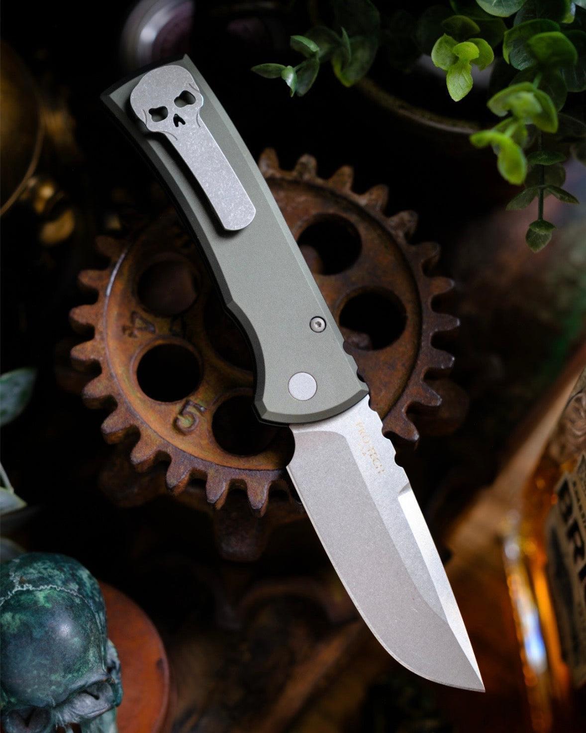 Chaves Knives-Chaves x Pro-Tech 229 Redencion Auto - Green Handles - Stonewash Drop Point S35vn Blade-6-Urban Cutlery