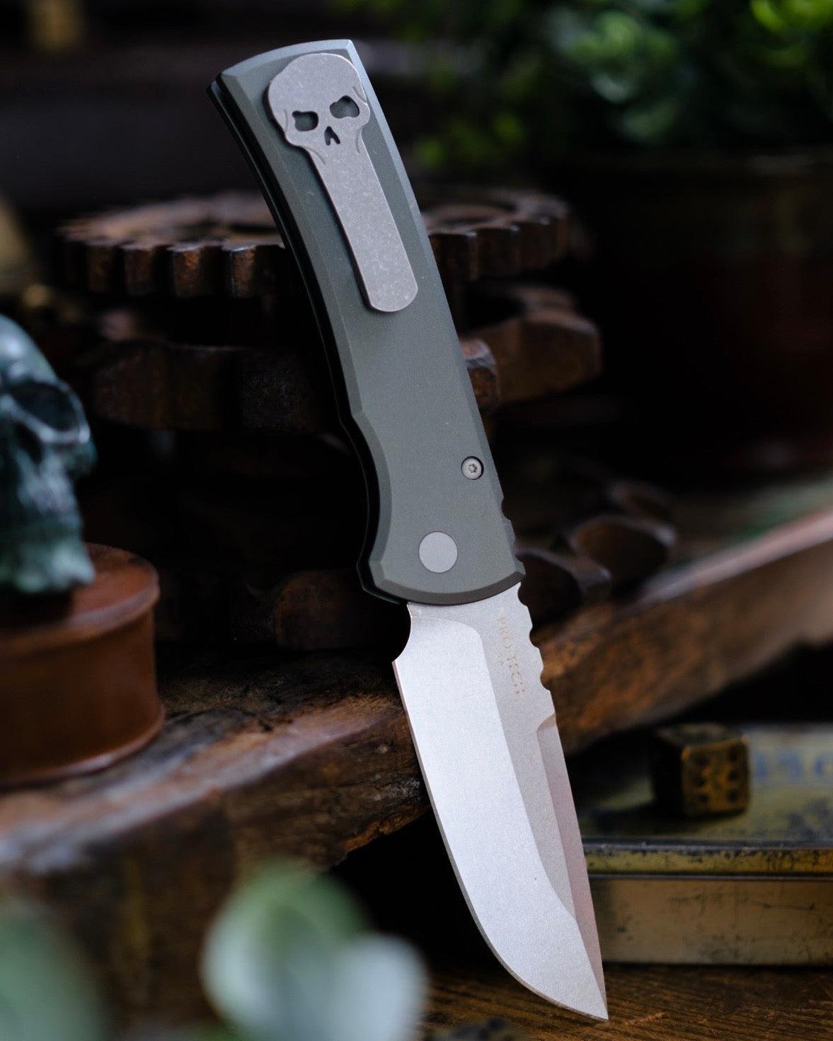 Chaves Knives-Chaves x Pro-Tech 229 Redencion Auto - Green Handles - Stonewash Drop Point S35vn Blade-7-Urban Cutlery