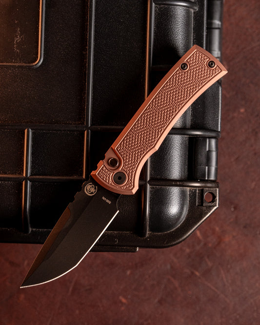 Chaves Knives-Chaves x ProTech 229 Redencion Auto - FDE Double Spiral Stipple Milled Handles - DLC S35vn Blade - Pearl Button-1-Urban Cutlery