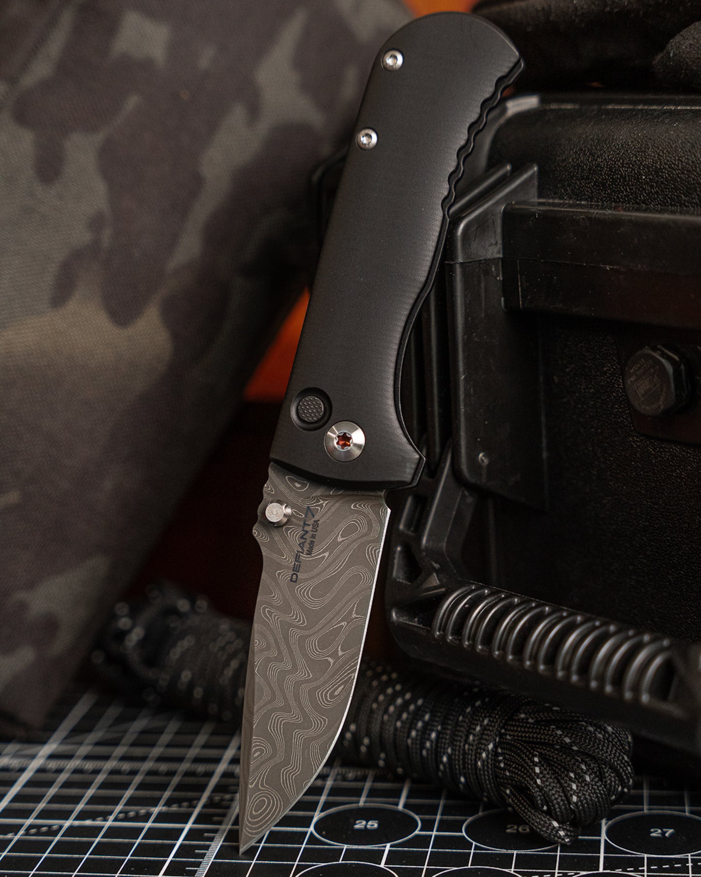 Defiant7-Defiant7 Talos Button Lock - Black 6061 Aluminum Handle - Nichols Black Boomerang Damascus Blade-1-Urban Cutlery