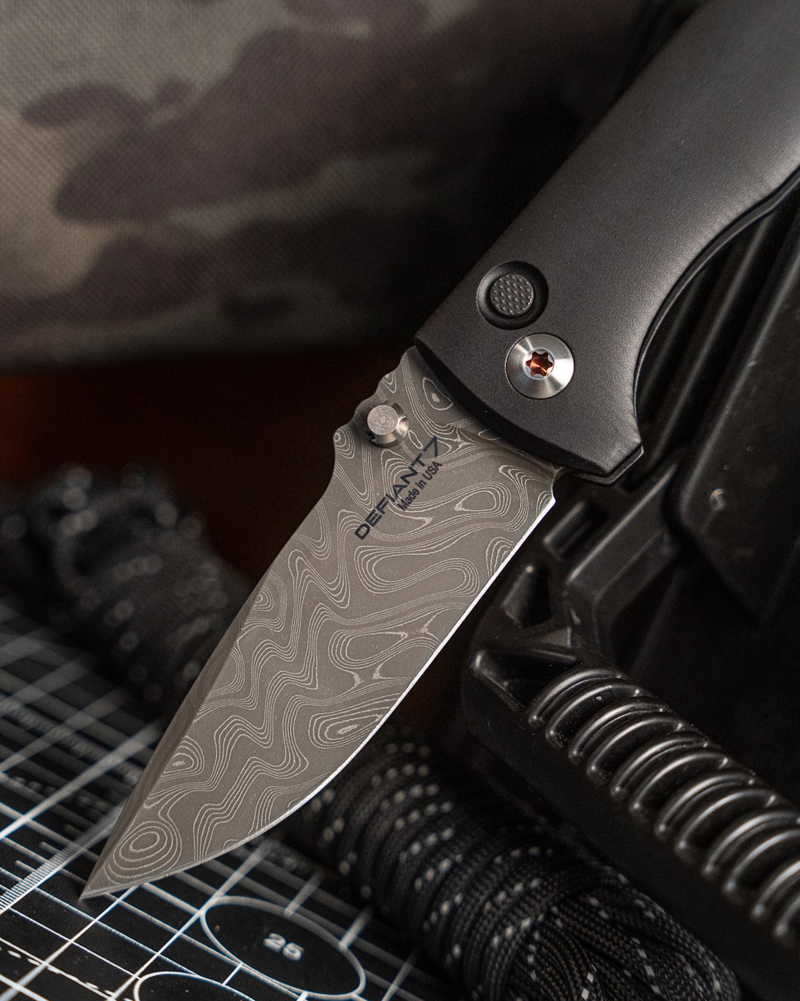 Defiant7-Defiant7 Talos Button Lock - Black 6061 Aluminum Handle - Nichols Black Boomerang Damascus Blade-2-Urban Cutlery