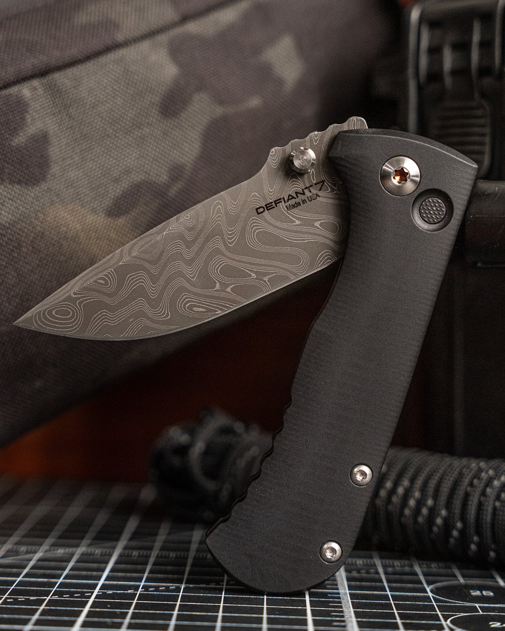 Defiant7-Defiant7 Talos Button Lock - Black 6061 Aluminum Handle - Nichols Black Boomerang Damascus Blade-3-Urban Cutlery