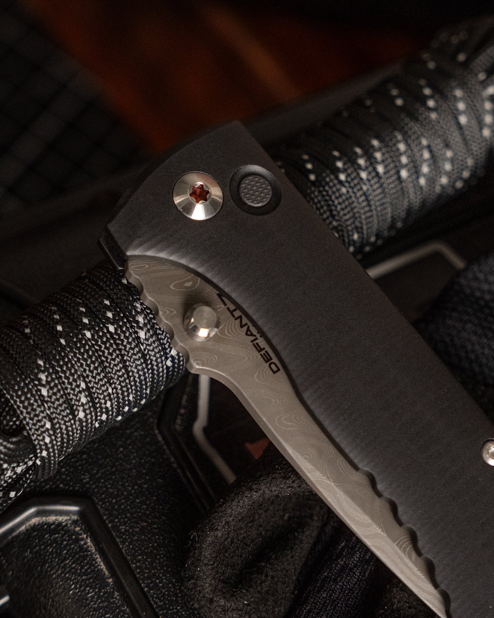 Defiant7-Defiant7 Talos Button Lock - Black 6061 Aluminum Handle - Nichols Black Boomerang Damascus Blade-4-Urban Cutlery