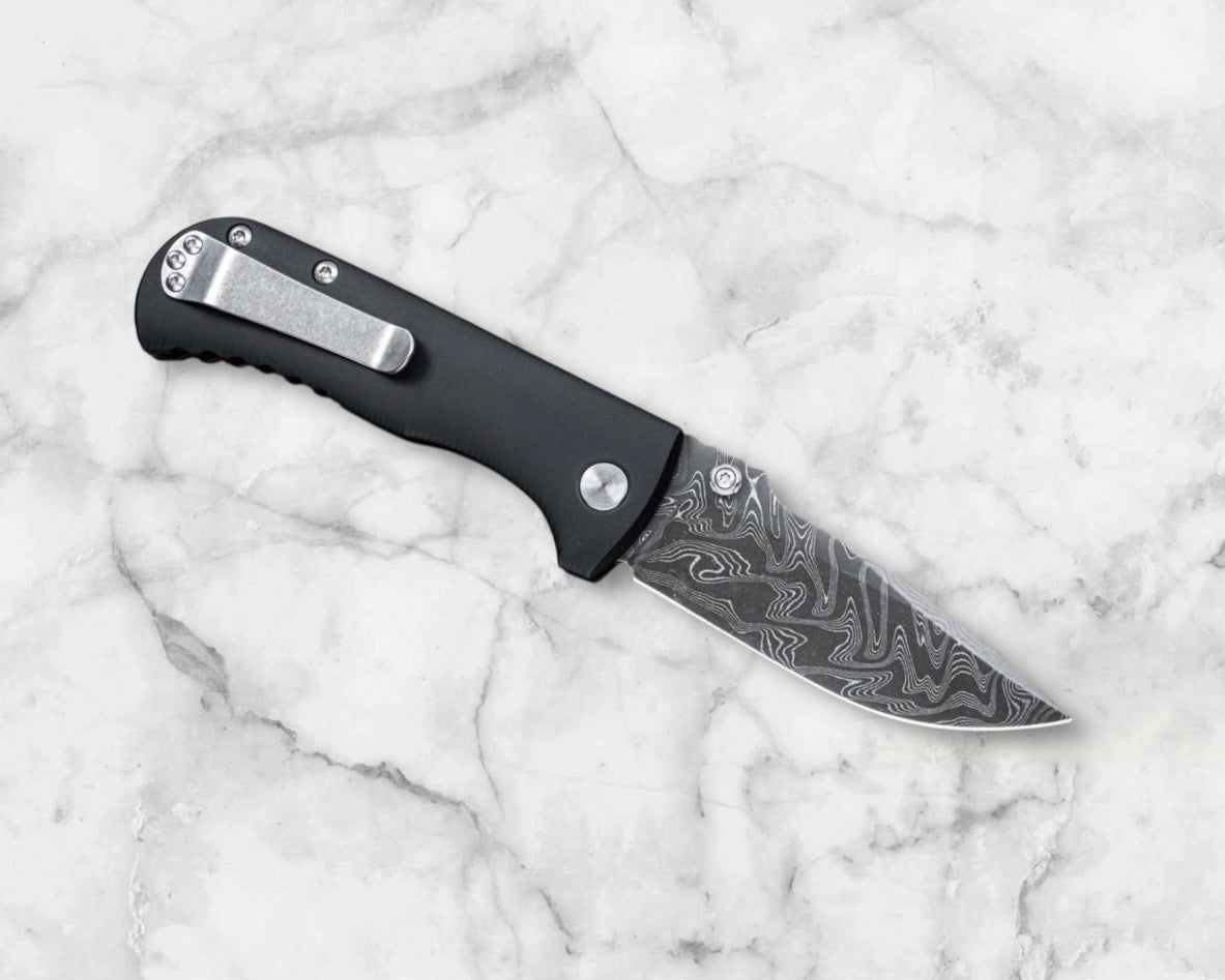 Defiant7-Defiant7 Talos Button Lock - Black 6061 Aluminum Handle - Nichols Black Boomerang Damascus Blade-Urban Cutlery