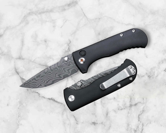 Defiant7-Defiant7 Talos Button Lock - Black 6061 Aluminum Handle - Nichols Black Boomerang Damascus Blade-Urban Cutlery