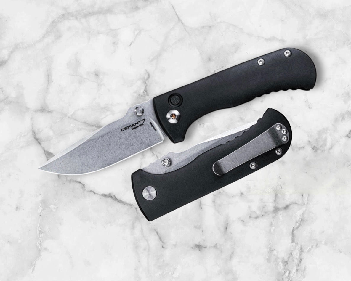 Defiant7-Defiant7 Talos Button Lock - Black 6061 Aluminum Handle - Stonewashed MagnaCut Blade-1-Urban Cutlery