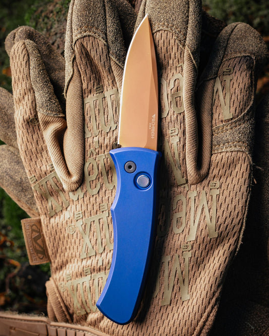 Pro-Tech Duke 2103.LTD.HERITAGE AUTO - Dark Navy Blue 6061 Aluminum Handle - Tan PVD Magnacut Blade - Black Lip Pearl Button