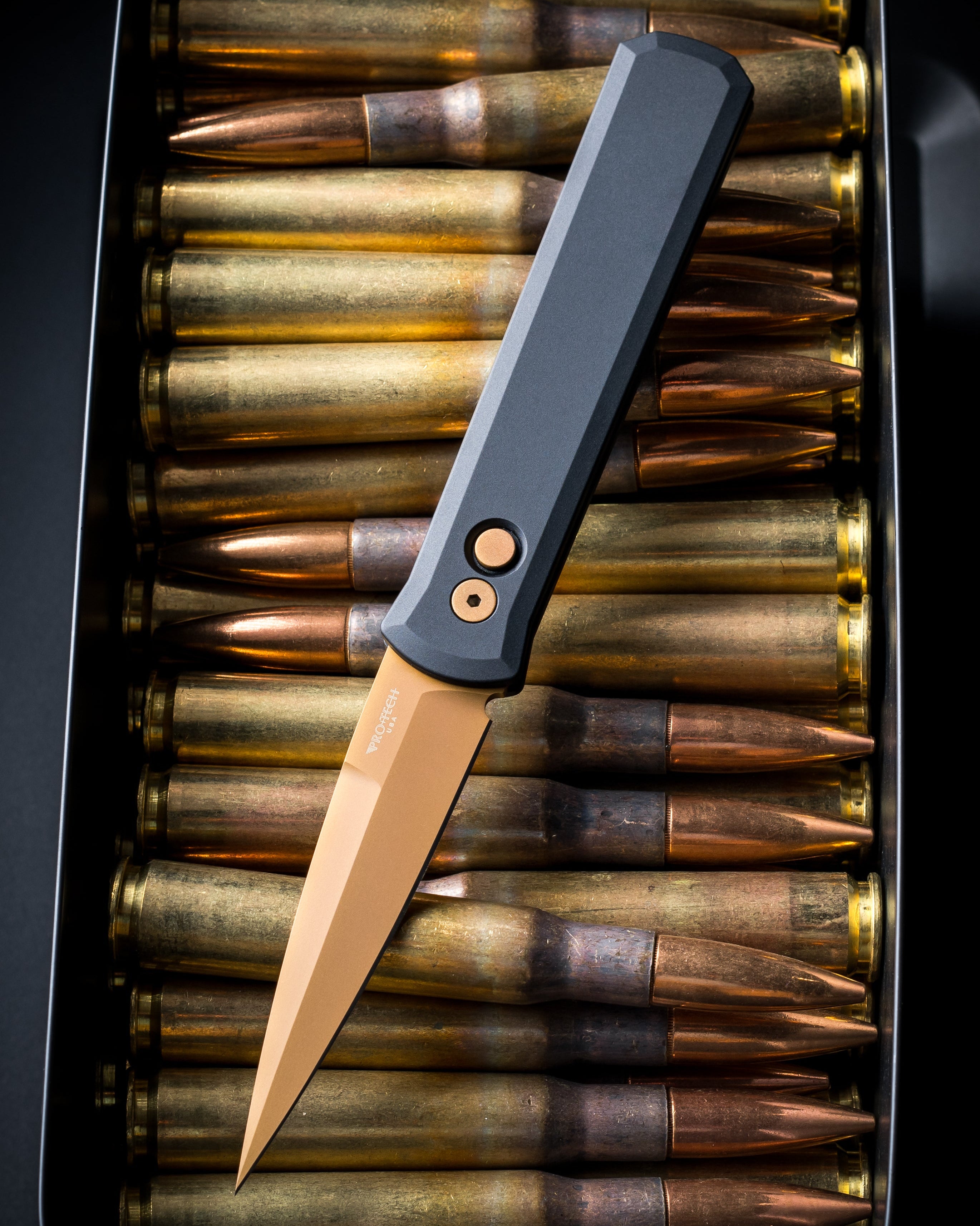 Pro-Tech 921.TAN Godfather - Black Handles - Tan PVD 154CM Blade - Matching Tan Hardware