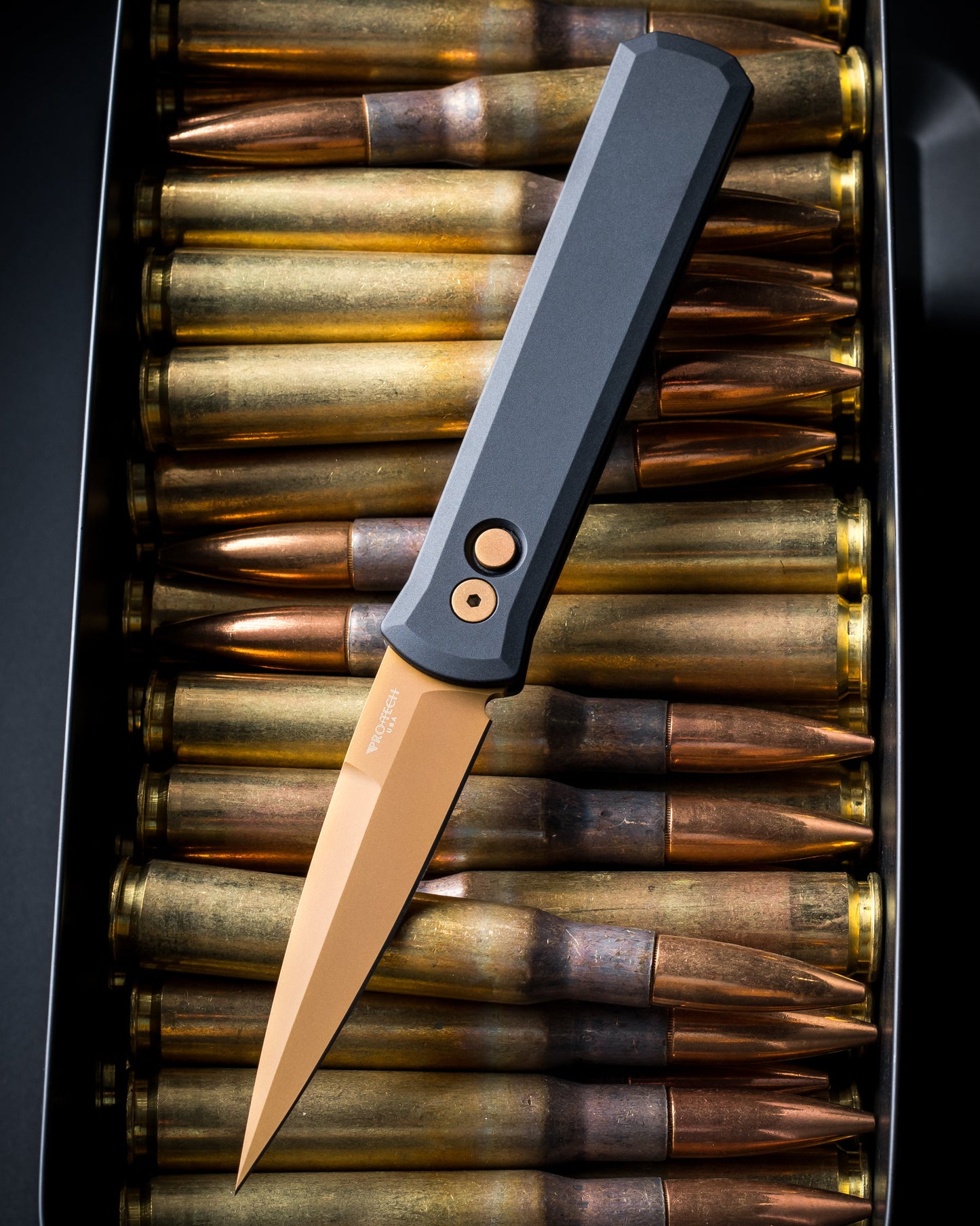 Pro-Tech 921.TAN Godfather - Black Handles - Tan PVD 154CM Blade - Matching Tan Hardware