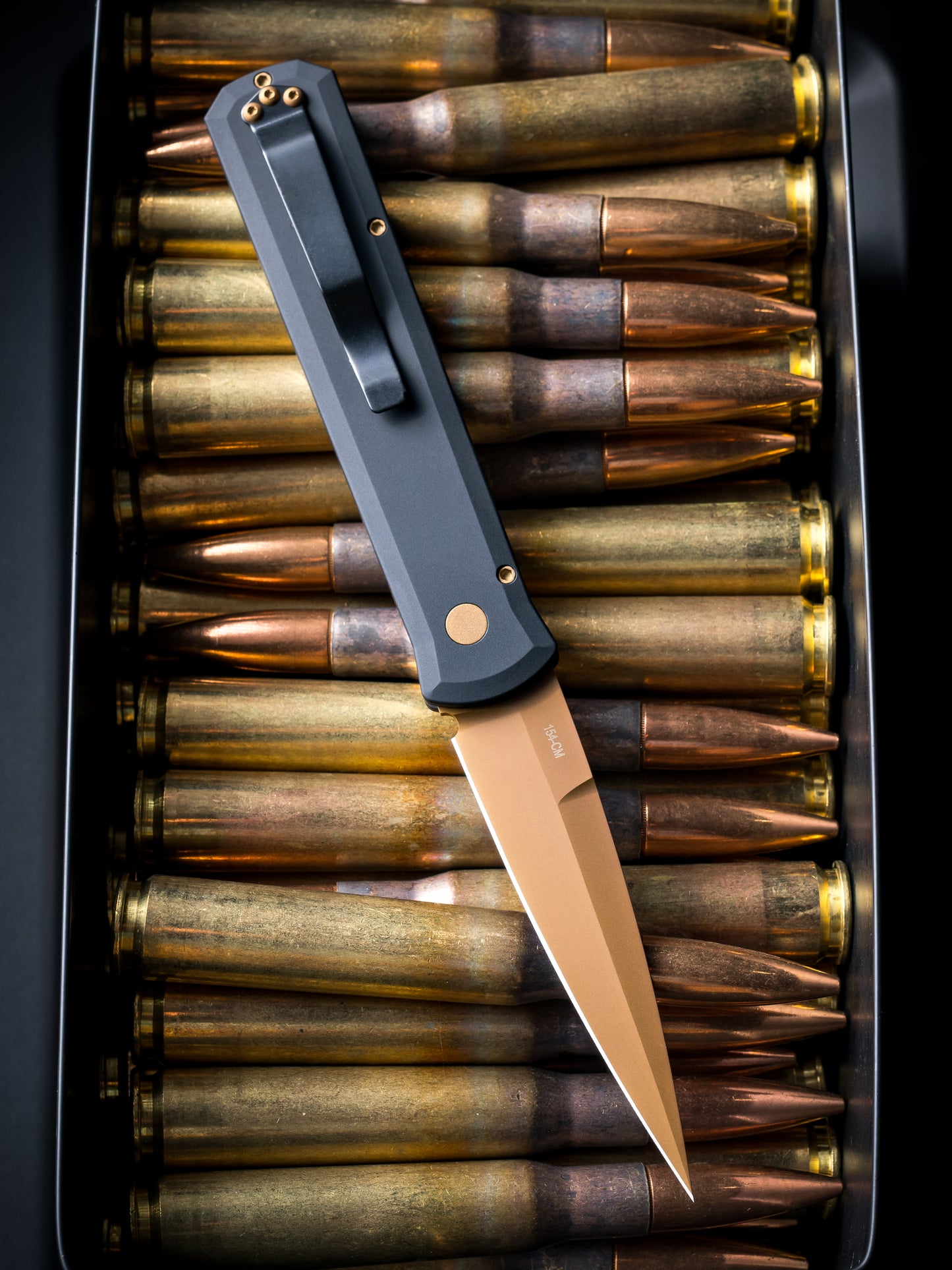 Pro-Tech 921.TAN Godfather - Black Handles - Tan PVD 154CM Blade - Matching Tan Hardware