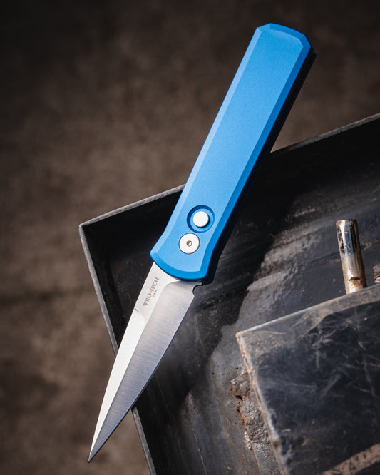 Pro-Tech 721.Satin.Blue Godson AUTO -  Solid Dark Blue Handles - Satin 154CM Blade