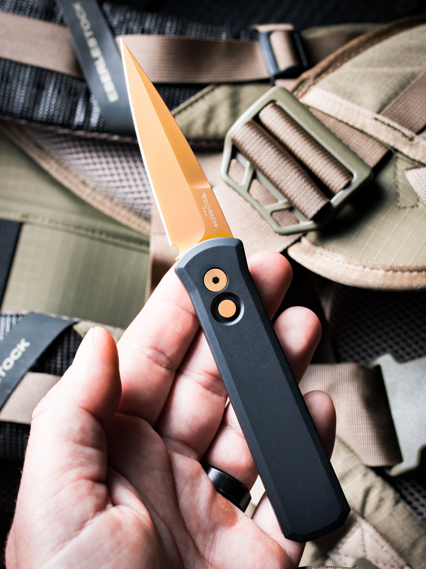 Pro-Tech 721.TAN Godson AUTO -  Solid Black Handles - Tan PVD 154CM Blade - Matching Tan PVD Hardware