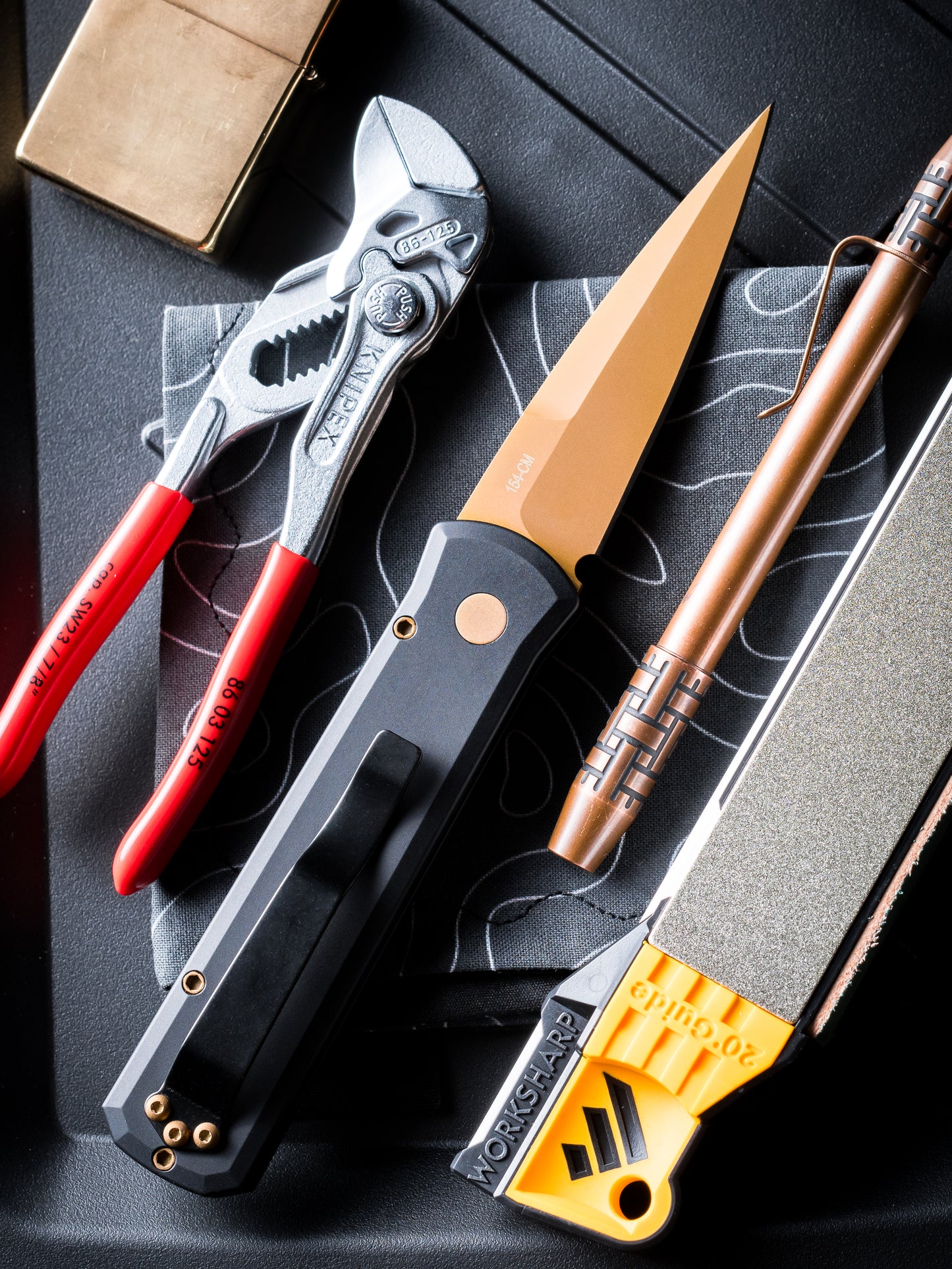 Pro-Tech 721.TAN Godson AUTO -  Solid Black Handles - Tan PVD 154CM Blade - Matching Tan PVD Hardware