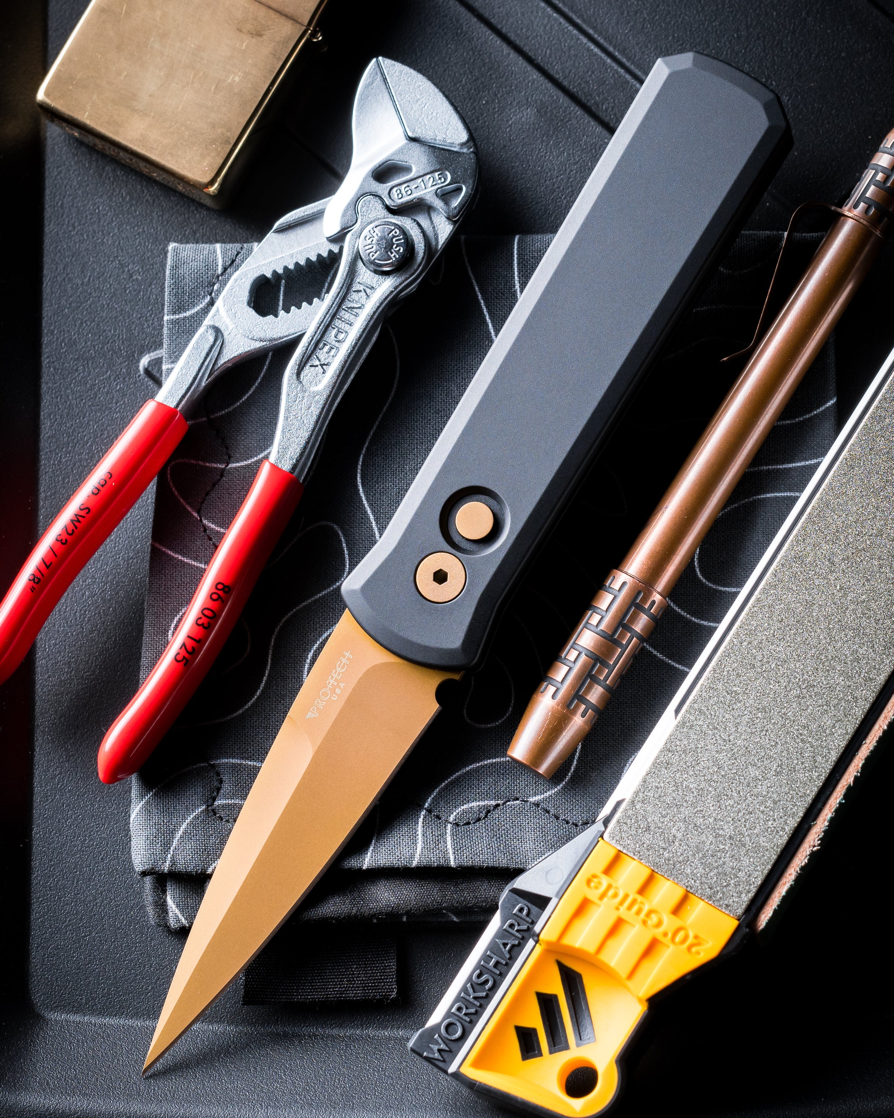 Pro-Tech 721.TAN Godson AUTO -  Solid Black Handles - Tan PVD 154CM Blade - Matching Tan PVD Hardware