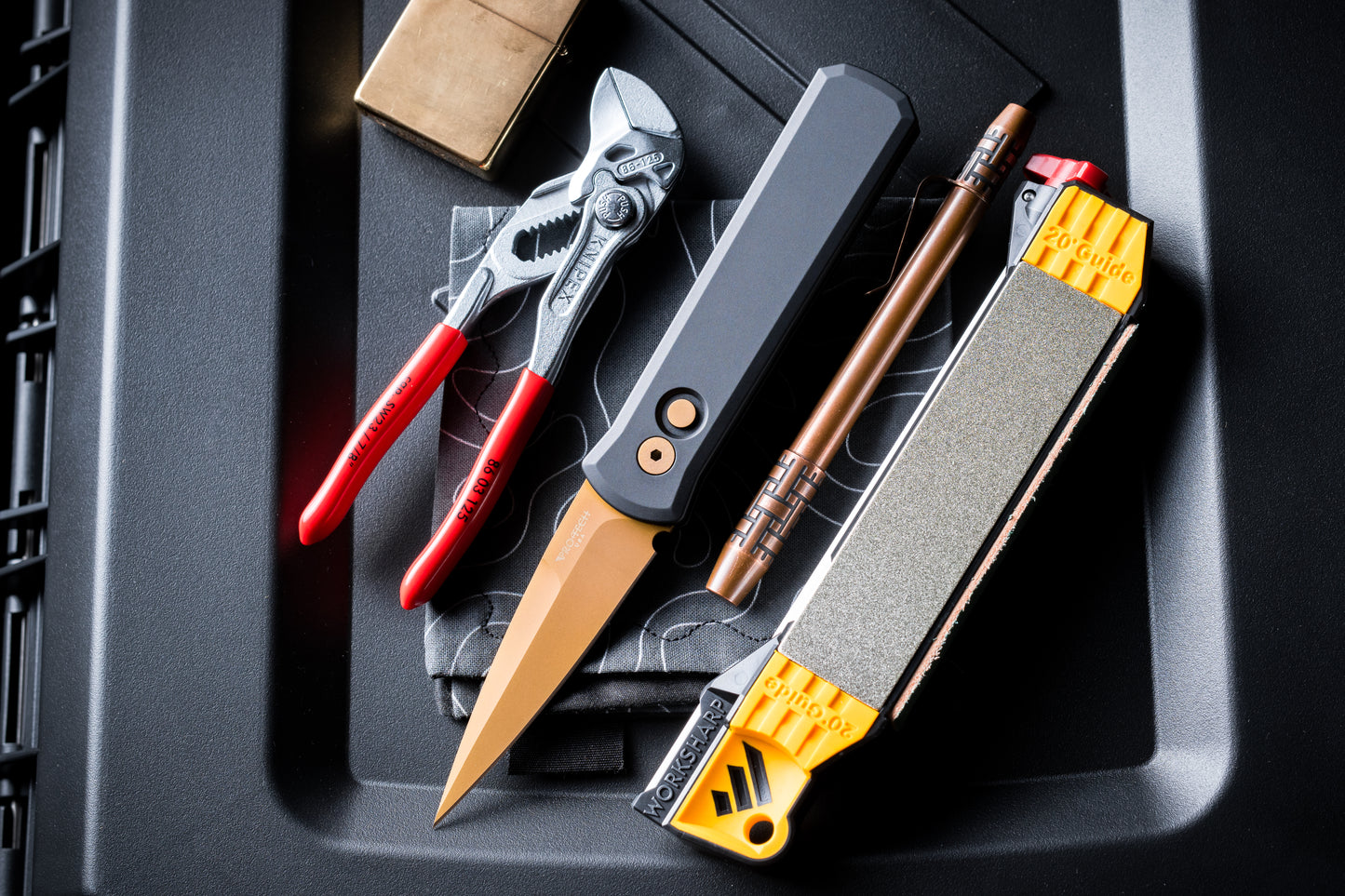 Pro-Tech 721.TAN Godson AUTO -  Solid Black Handles - Tan PVD 154CM Blade - Matching Tan PVD Hardware