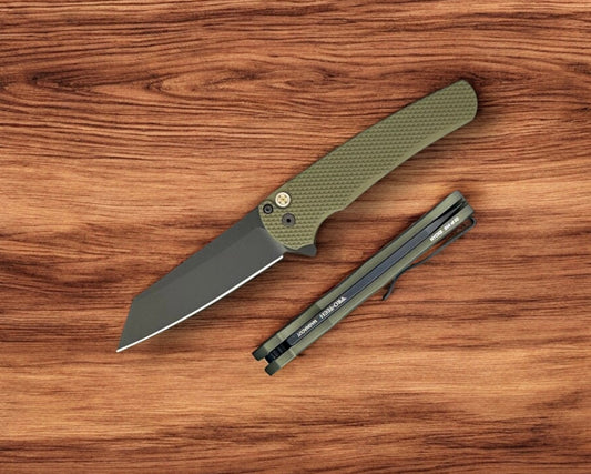 Pro-Tech NYCKS25.Malibu.1 NYCKS Special Malibu - Textured Green Handle - DLC Black Magnacut Reverse Tanto Blade - Mosaic Push Button /50
