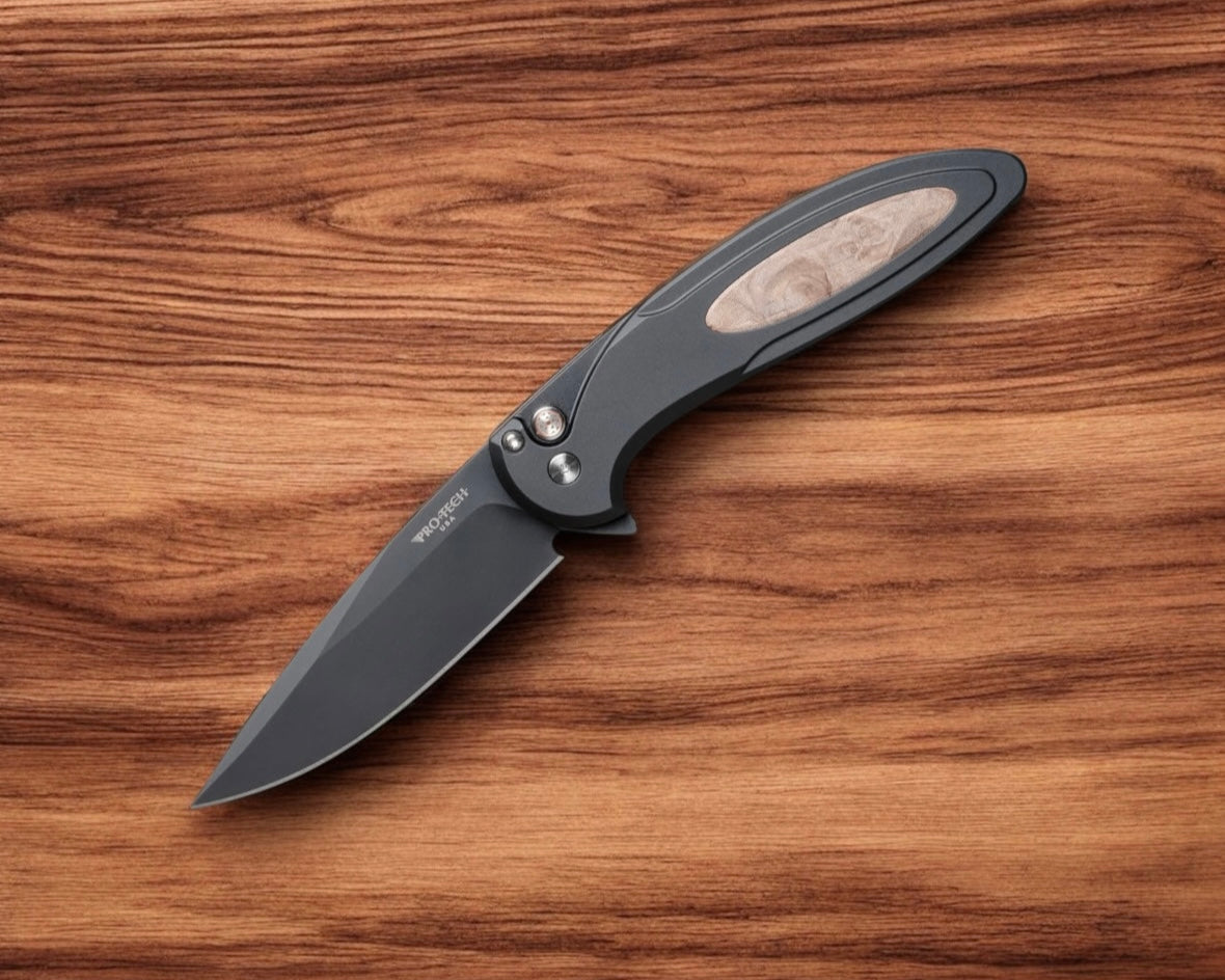 Pro-Tech CF2103-LTD Maple Cambria - Black 6061 Aluminum Handles with Maple Burl Inlay - DLC Black MagnaCut Blade - Mosaic Push Button - Satin Hardware