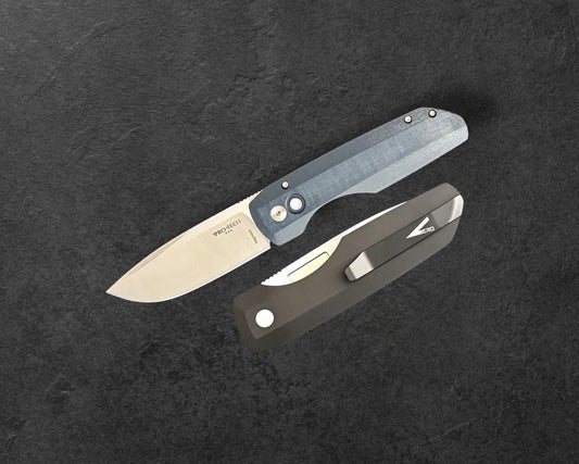 Pro-Tech VERO1210-LTD.BLUE.LINEN.MIC Vero Synapse Auto - Black Aluminum and Blue Linen Micarta Handle - Machine Satin Magnacut Blade - White Pearl Button - Satin Hardware - DLC Black Clip