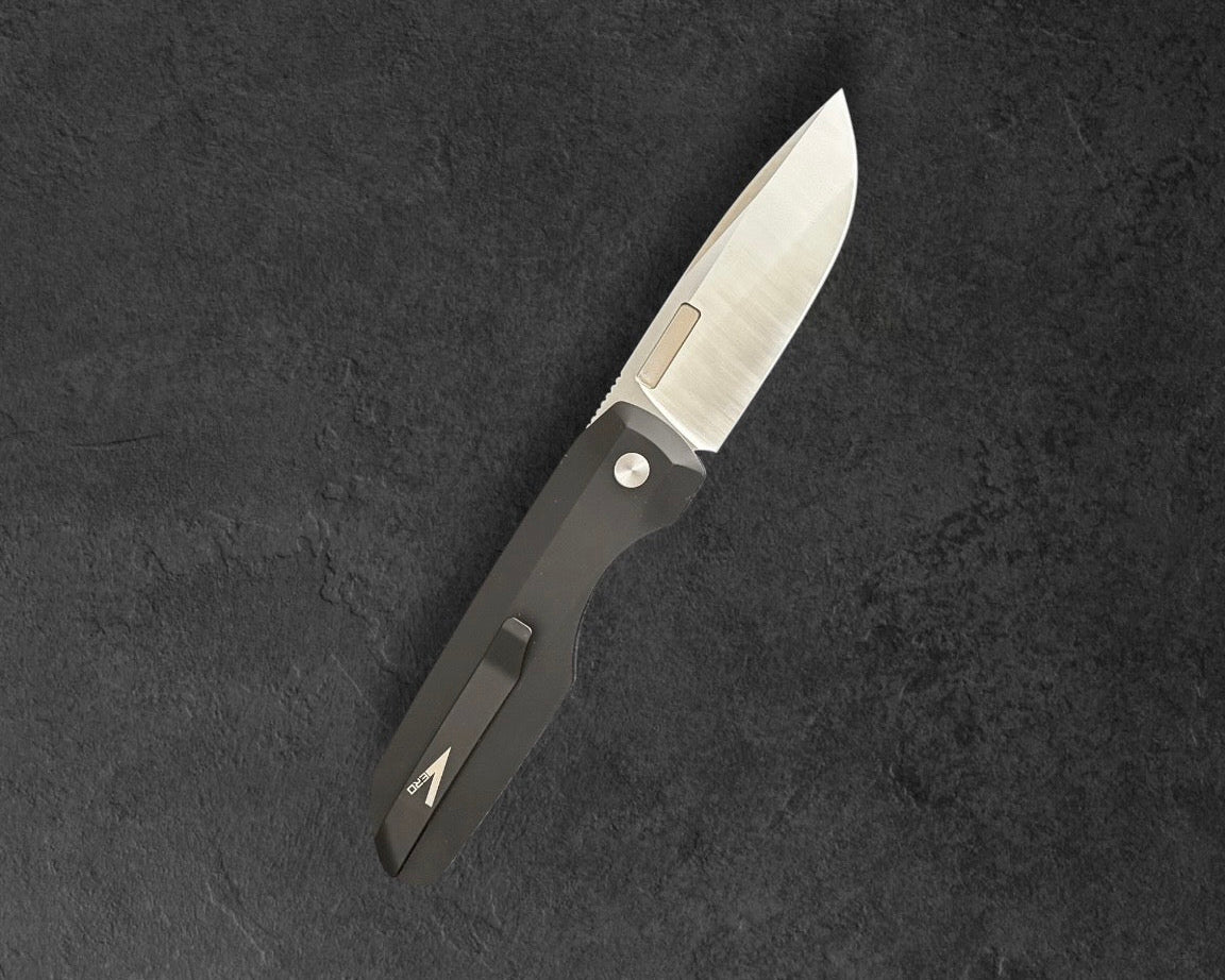 Pro-Tech VERO1210-LTD.BLUE.LINEN.MIC Vero Synapse Auto - Black Aluminum and Blue Linen Micarta Handle - Machine Satin Magnacut Blade - White Pearl Button - Satin Hardware - DLC Black Clip