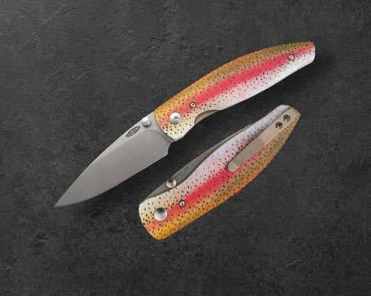 Three Rivers Mfg. (TRM) Atom - DEALER EXCLUSIVE - RAINBOW TROUT G10 Contoured Handles - 20CV Blade