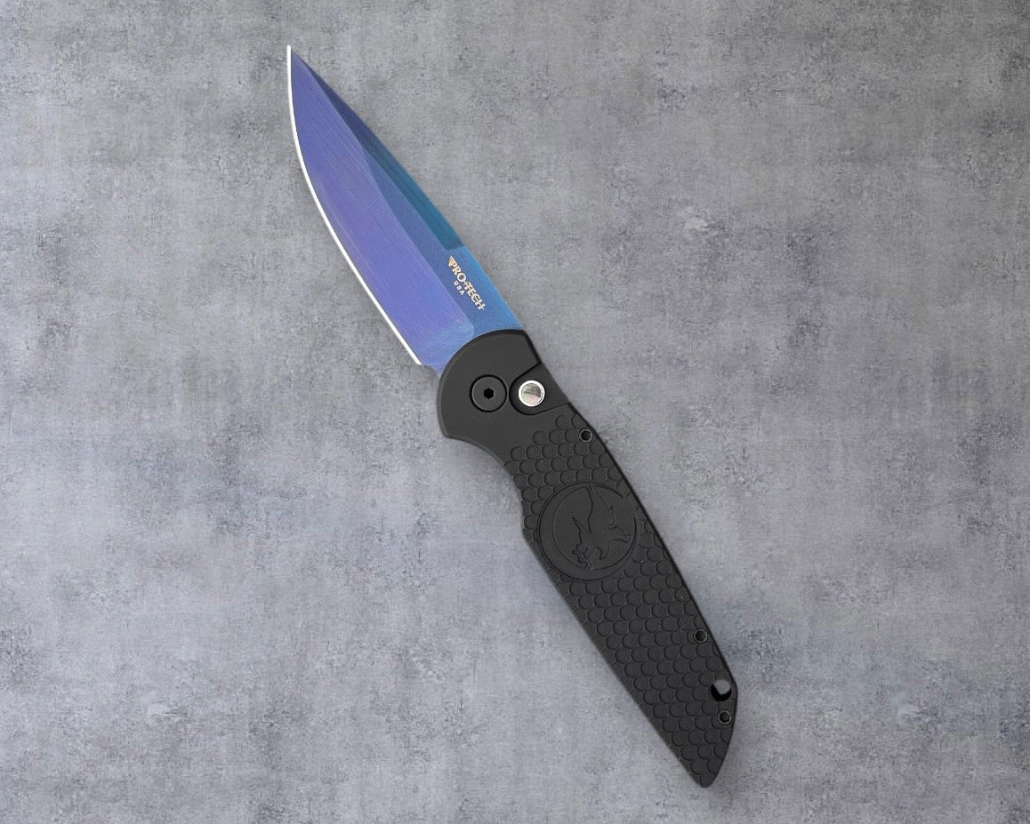 Pro-Tech NHC TR-3 Auto "Factory Seconds" - Nighthawk Custom Dimples & Moon Hawk Logo, Black Double Stack Anodized Aluminum Handle - Black Lip Pearl Button - Sapphire Blue PVD 154CM Blade