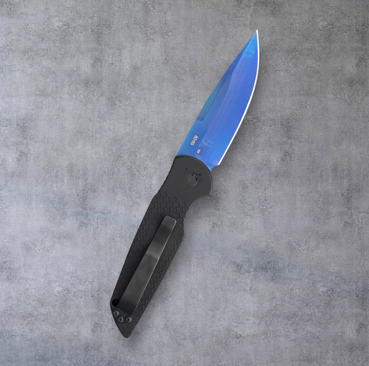 Pro-Tech NHC TR-3 Auto "Factory Seconds" - Nighthawk Custom Dimples & Moon Hawk Logo, Black Double Stack Anodized Aluminum Handle - Black Lip Pearl Button - Sapphire Blue PVD 154CM Blade