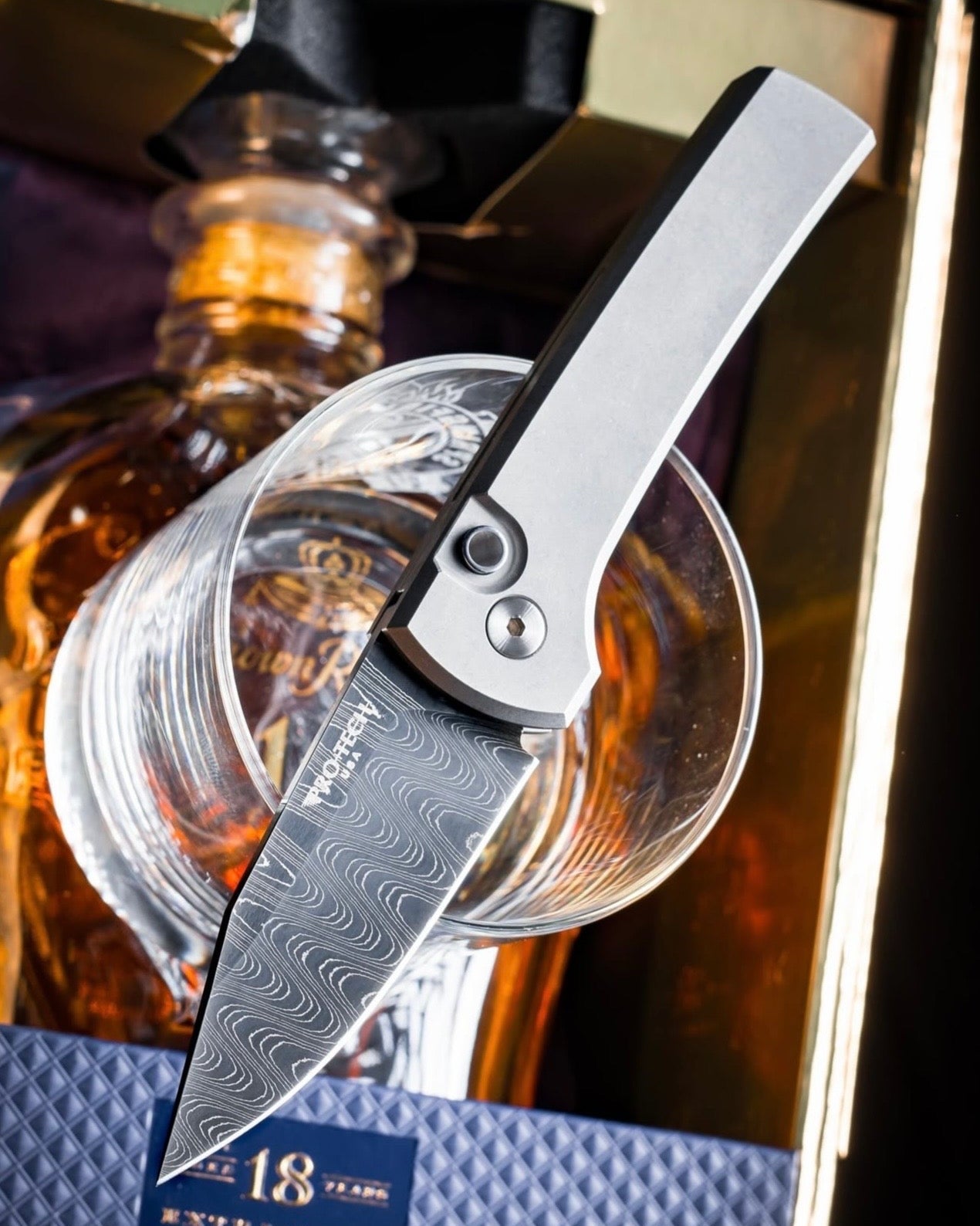 Pro-Tech Custom Scapegoat (2026 Scapegoat Compact Custom 004) Blade Show Texas 2026 Exclusive Scapegoat Auto - Blasted & Stonewashed 17-4 Handles - Vegas Forge Ladder Damascus Blade - Black Lip Pearl Button - Blue Anodized Ti Short Deep Carry Clip