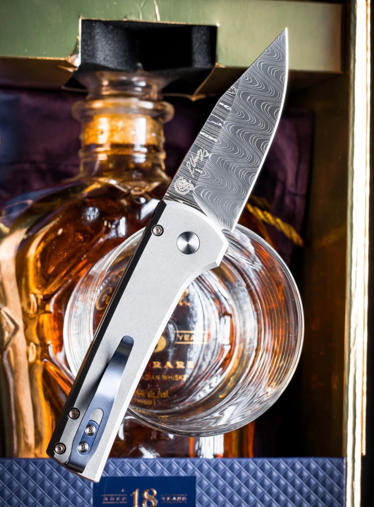 Pro-Tech Custom Scapegoat (2026 Scapegoat Compact Custom 004) Blade Show Texas 2026 Exclusive Scapegoat Auto - Blasted & Stonewashed 17-4 Handles - Vegas Forge Ladder Damascus Blade - Black Lip Pearl Button - Blue Anodized Ti Short Deep Carry Clip