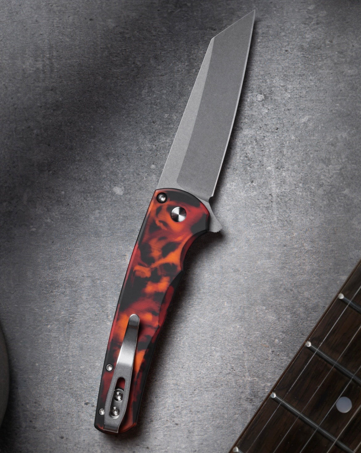 Pro-Tech 5401.DF Malibu - "Del Fuego" Custom Anodized Handle - Stonewash Reverse Tanto Magnacut Blade - Black Lip Pearl Button